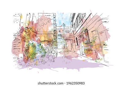 Building view with landmark of El Jadida is the 
city in Morocco. Watercolor splash with hand drawn sketch illustration in vector.