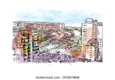 Building view with landmark of El Monte is the 
city in California. Watercolour splash with hand drawn sketch illustration in vector.