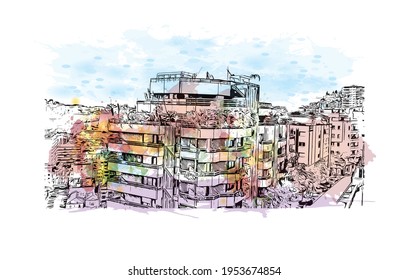 Building view with landmark of El Monte is the 
city in California. Watercolour splash with hand drawn sketch illustration in vector.