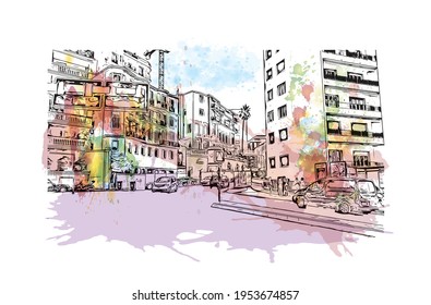 Building view with landmark of El Monte is the 
city in California. Watercolour splash with hand drawn sketch illustration in vector.