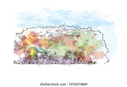 Building view with landmark of El Monte is the 
city in California. Watercolour splash with hand drawn sketch illustration in vector.