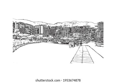 Building view with landmark of El Monte is the 
city in California. Hand drawn sketch illustration in vector.