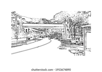 Building view with landmark of El Monte is the 
city in California. Hand drawn sketch illustration in vector.