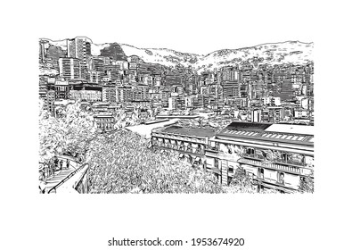 Building view with landmark of El Monte is the 
city in California. Hand drawn sketch illustration in vector.