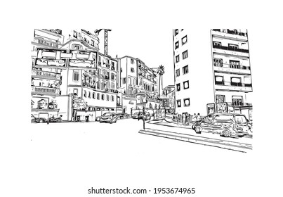 Building view with landmark of El Monte is the 
city in California. Hand drawn sketch illustration in vector.