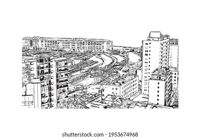 Building view with landmark of El Monte is the 
city in California. Hand drawn sketch illustration in vector.