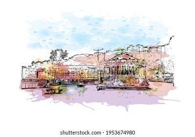 Building view with landmark of El Monte is the 
city in California. Watercolour splash with hand drawn sketch illustration in vector.