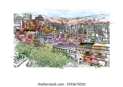 Building view with landmark of El Monte is the 
city in California. Watercolour splash with hand drawn sketch illustration in vector.