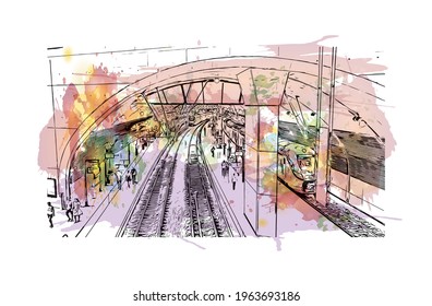 Building view with landmark of El Monte is the 
city in California. Watercolor splash with hand drawn sketch illustration in vector.
