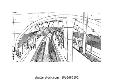 Building view with landmark of El Monte is the 
city in California. Hand drawn sketch illustration in vector.