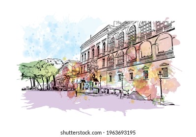 Building view with landmark of El Monte is the 
city in California. Watercolor splash with hand drawn sketch illustration in vector.