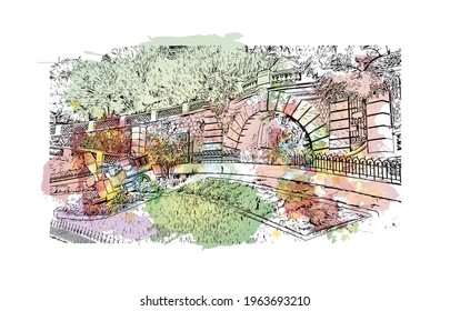 Building view with landmark of El Monte is the 
city in California. Watercolor splash with hand drawn sketch illustration in vector.