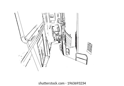 Building view with landmark of El Monte is the 
city in California. Hand drawn sketch illustration in vector.