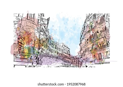 Building view with landmark of El Oued is the 
city in Algeria. Watercolour splash with hand drawn sketch illustration in vector.