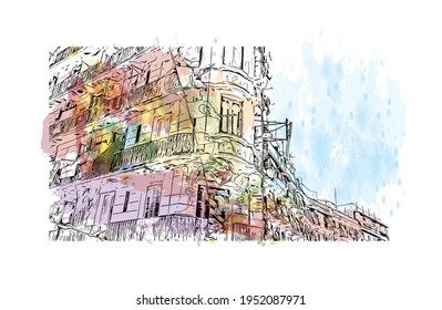 Building view with landmark of El Oued is the 
city in Algeria. Watercolour splash with hand drawn sketch illustration in vector.