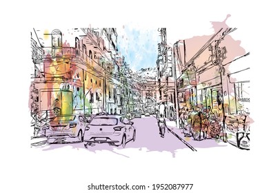 Building view with landmark of El Oued is the 
city in Algeria. Watercolour splash with hand drawn sketch illustration in vector.