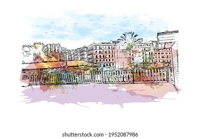 Building view with landmark of El Oued is the 
city in Algeria. Watercolour splash with hand drawn sketch illustration in vector.