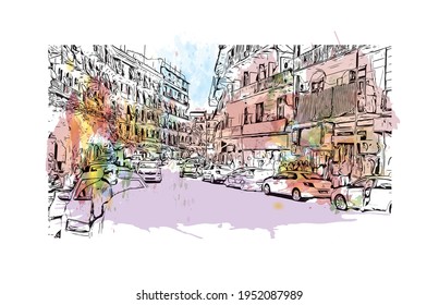 Building view with landmark of El Oued is the 
city in Algeria. Watercolour splash with hand drawn sketch illustration in vector.