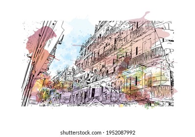 Building view with landmark of El Oued is the 
city in Algeria. Watercolour splash with hand drawn sketch illustration in vector.