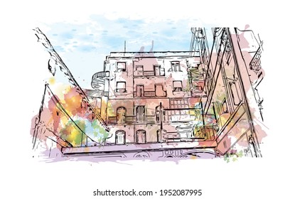 Building view with landmark of El Oued is the 
city in Algeria. Watercolour splash with hand drawn sketch illustration in vector.