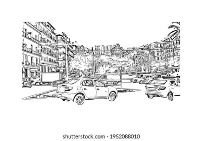 Building view with landmark of El Oued is the 
city in Algeria. Hand drawn sketch illustration in vector.