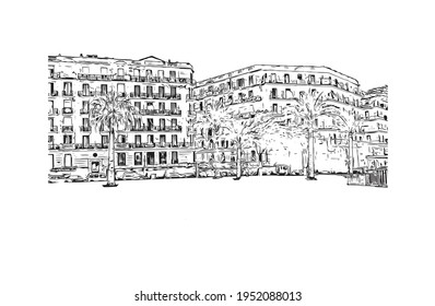 Building view with landmark of El Oued is the 
city in Algeria. Hand drawn sketch illustration in vector.