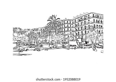 Building view with landmark of El Oued is the 
city in Algeria. Hand drawn sketch illustration in vector.