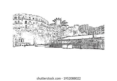 Building view with landmark of El Oued is the 
city in Algeria. Hand drawn sketch illustration in vector.