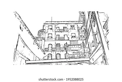 Building view with landmark of El Oued is the 
city in Algeria. Hand drawn sketch illustration in vector.