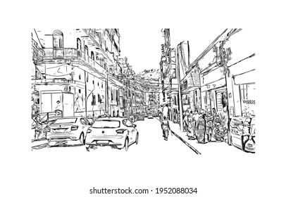 Building view with landmark of El Oued is the 
city in Algeria. Hand drawn sketch illustration in vector.