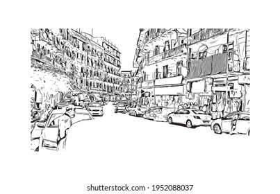 Building view with landmark of El Oued is the 
city in Algeria. Hand drawn sketch illustration in vector.