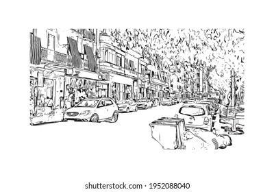 Building view with landmark of El Oued is the 
city in Algeria. Hand drawn sketch illustration in vector.