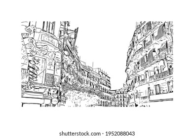 Building view with landmark of El Oued is the 
city in Algeria. Hand drawn sketch illustration in vector.