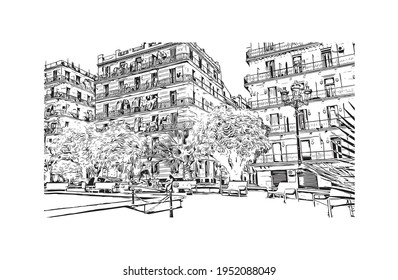 Building view with landmark of El Oued is the 
city in Algeria. Hand drawn sketch illustration in vector.