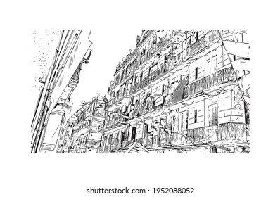 Building view with landmark of El Oued is the 
city in Algeria. Hand drawn sketch illustration in vector.