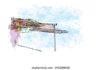 Building view with landmark of El Oued is the 
city in Algeria. Watercolour splash with hand drawn sketch illustration in vector.