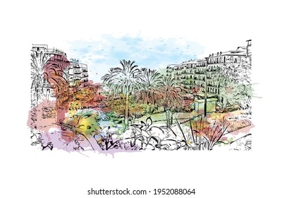 Building view with landmark of El Oued is the 
city in Algeria. Watercolour splash with hand drawn sketch illustration in vector.