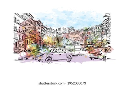 Building view with landmark of El Oued is the 
city in Algeria. Watercolour splash with hand drawn sketch illustration in vector.