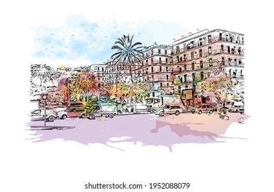 Building view with landmark of El Oued is the 
city in Algeria. Watercolour splash with hand drawn sketch illustration in vector.