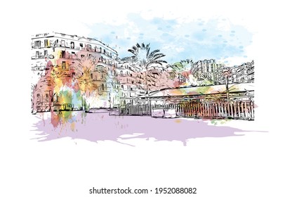 Building view with landmark of El Oued is the 
city in Algeria. Watercolour splash with hand drawn sketch illustration in vector.