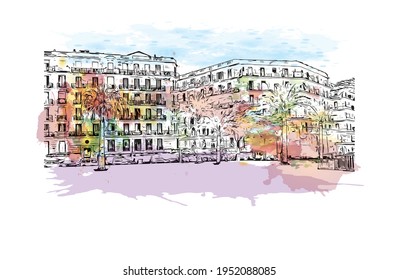 Building view with landmark of El Oued is the 
city in Algeria. Watercolour splash with hand drawn sketch illustration in vector.