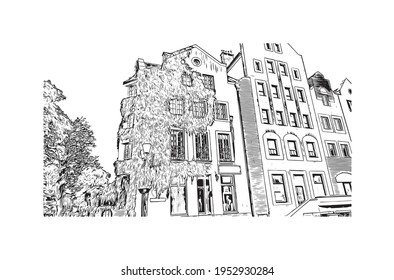 Building view with landmark of Elblag is a city in northern Poland. Hand drawn sketch illustration in vector.