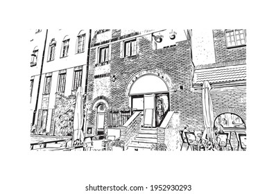 Building view with landmark of Elblag is a city in northern Poland. Hand drawn sketch illustration in vector.