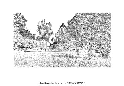 Building view with landmark of Elblag is a city in northern Poland. Hand drawn sketch illustration in vector.