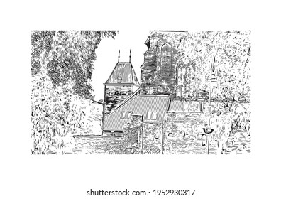 Building view with landmark of Elblag is a city in northern Poland. Hand drawn sketch illustration in vector.