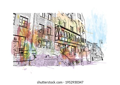 Building view with landmark of Elblag is a city in northern Poland. Watercolour splash with hand drawn sketch illustration in vector.