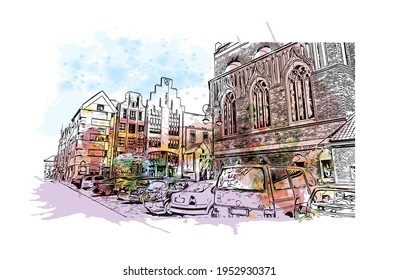 Building view with landmark of Elblag is a city in northern Poland. Watercolour splash with hand drawn sketch illustration in vector.