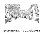 Building view with landmark of Elche is a city in southeast Spain. Hand drawn sketch illustration in vector.