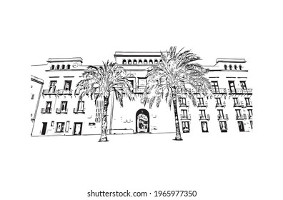 Building view with landmark of Elche is a city in southeast Spain. Hand drawn sketch illustration in vector.