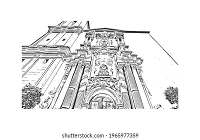 Building view with landmark of Elche is a city in southeast Spain. Hand drawn sketch illustration in vector.